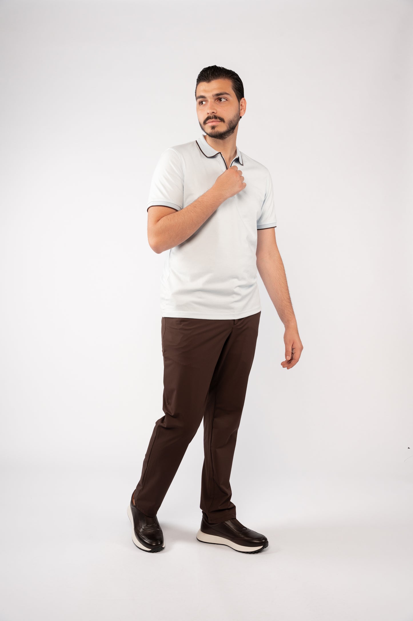 BLUE BROWN LINE ZIPPER MERCERIZED POLO