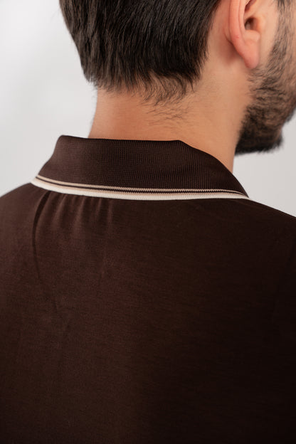 BROWN MIXED COLLAR ZIPPER POLO