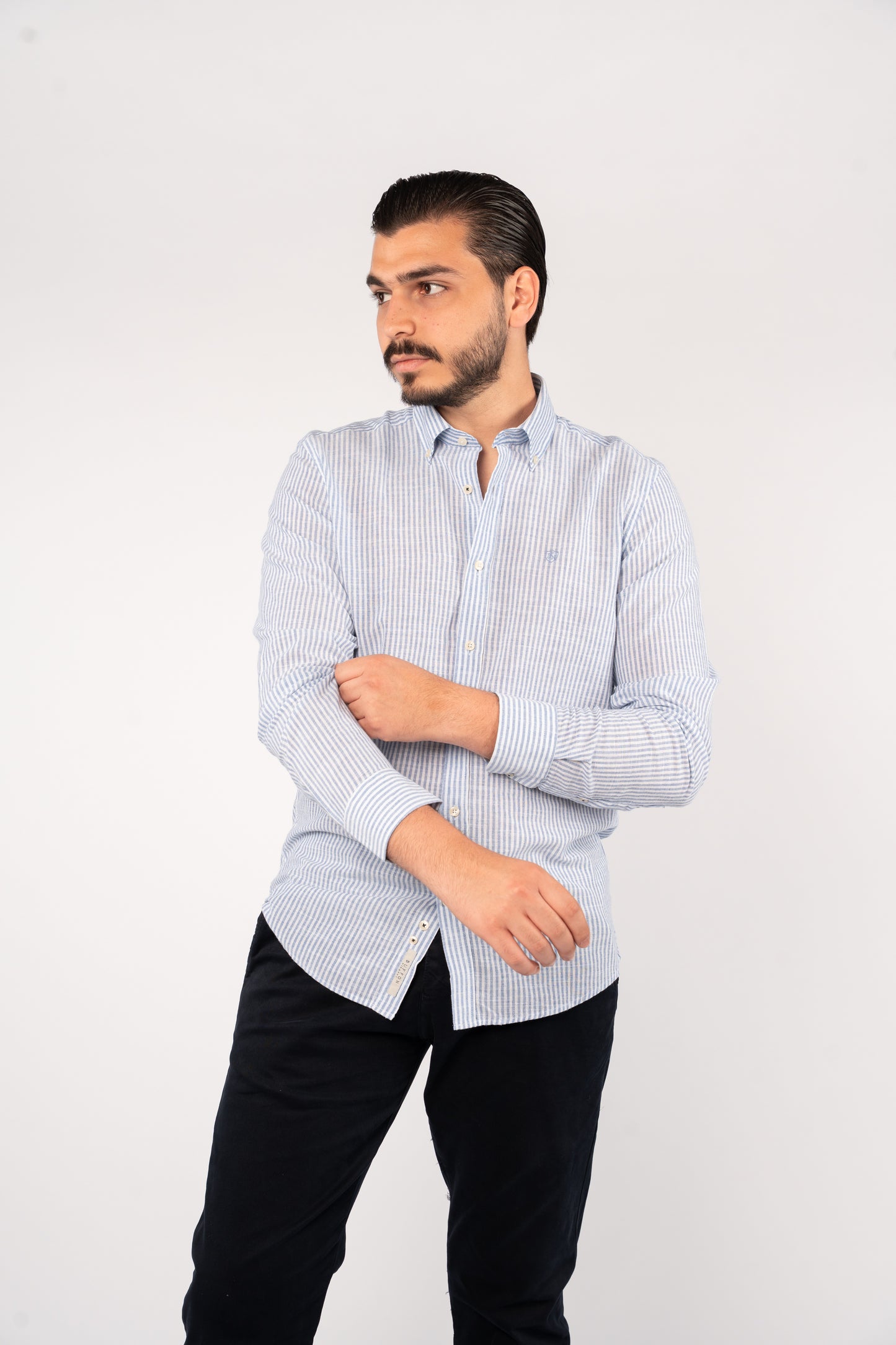 NAVY LINED OXFORD SHIRT