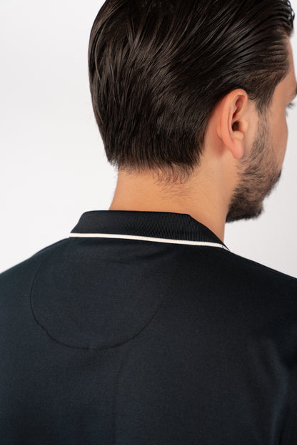 NAVY WHITE LINE ZIPPER MERCERIZED POLO