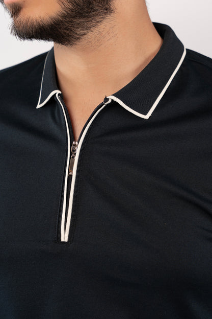 NAVY WHITE LINE ZIPPER MERCERIZED POLO