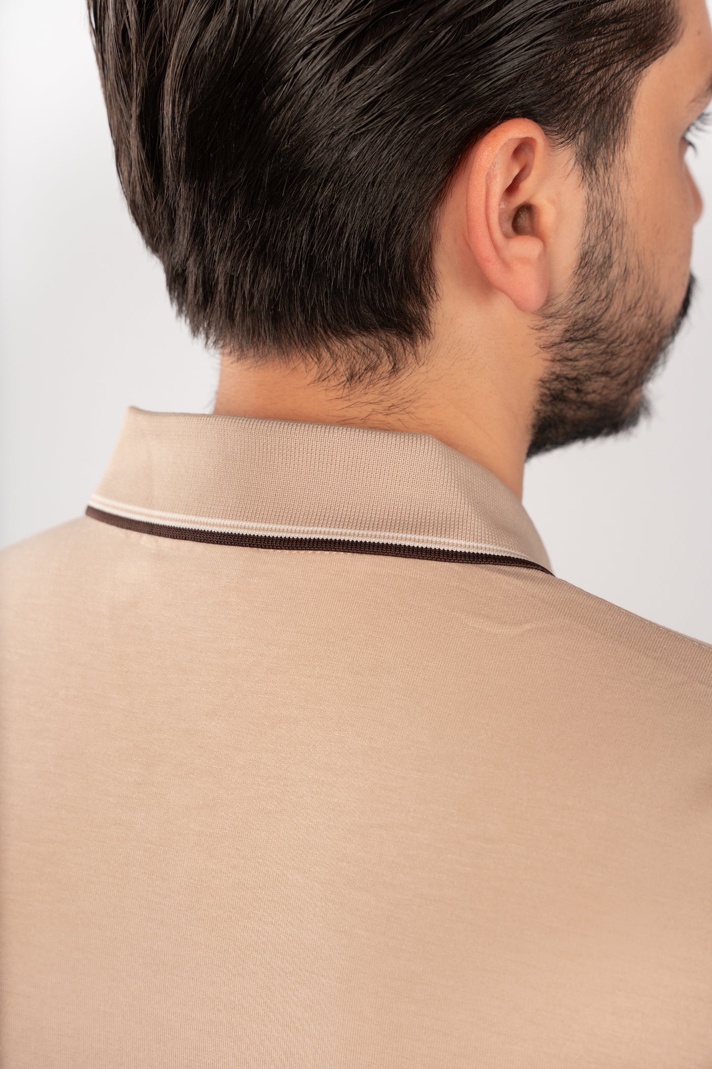 BEIGE MIXED COLLAR ZIPPER POLO