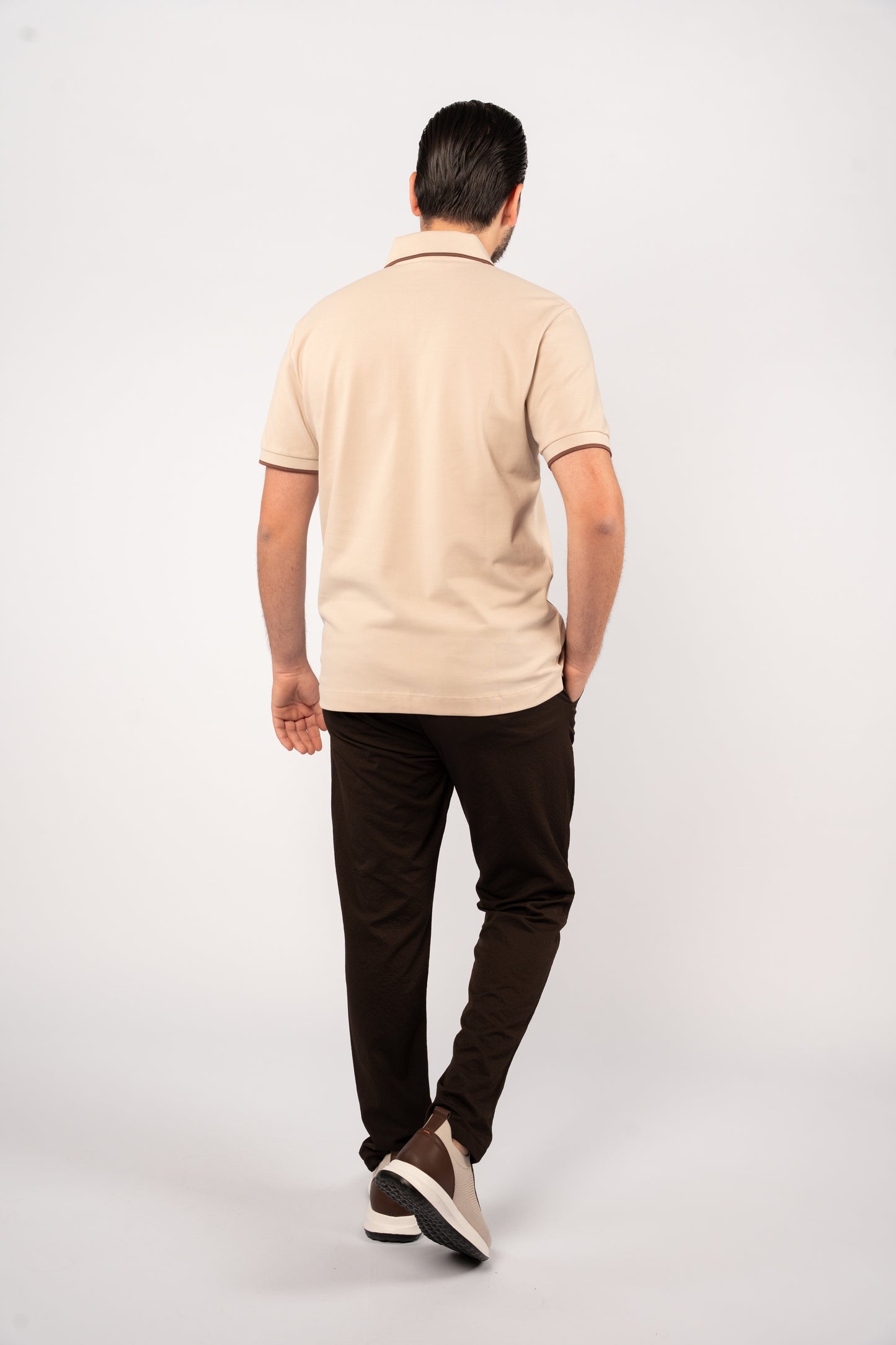 BEIGE BROWN LINE VNECK POLO