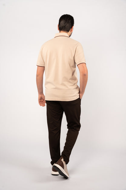 BEIGE BROWN LINE VNECK POLO