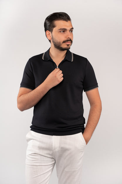 NAVY MIXED COLLAR ZIPPER POLO