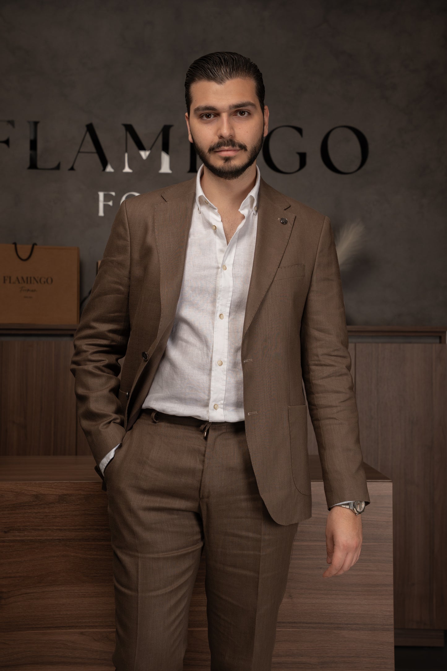 BROWN CASUAL LINEN SUIT