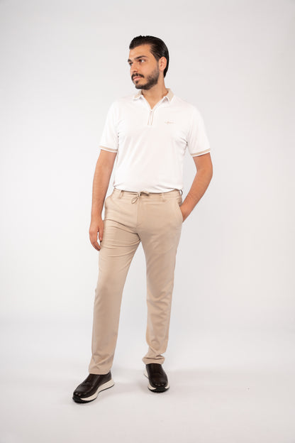 WHITE BEIGE COLLAR ZIPPER POLO