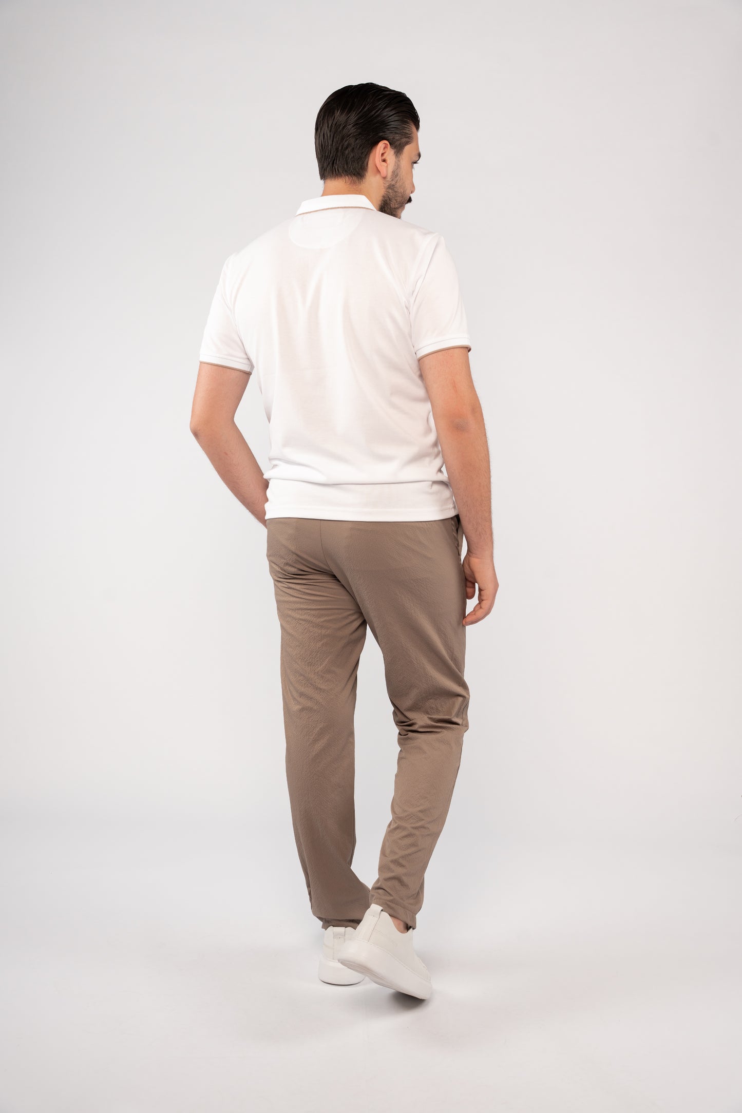 WHITE BEIGE LINE ZIPPER MERCERIZED POLO