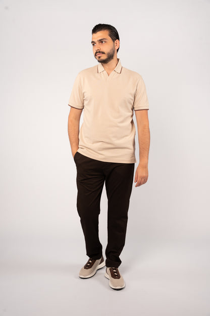 BEIGE BROWN LINE VNECK POLO