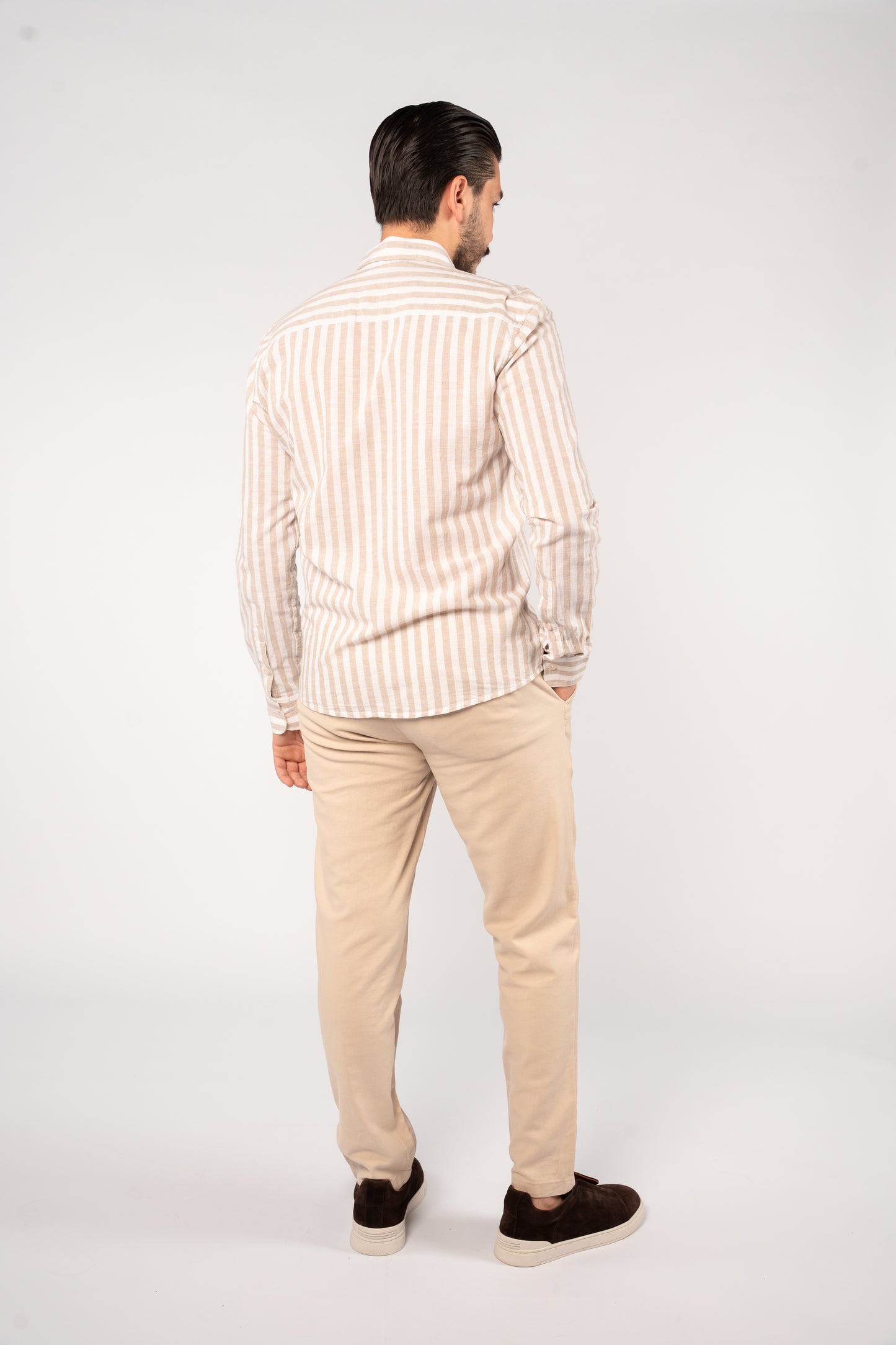 WHITE BEIGE LINE LINEN SHIRT