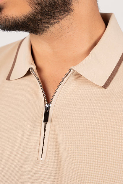 BEIGE BROWN LINE ZIPPER POLO