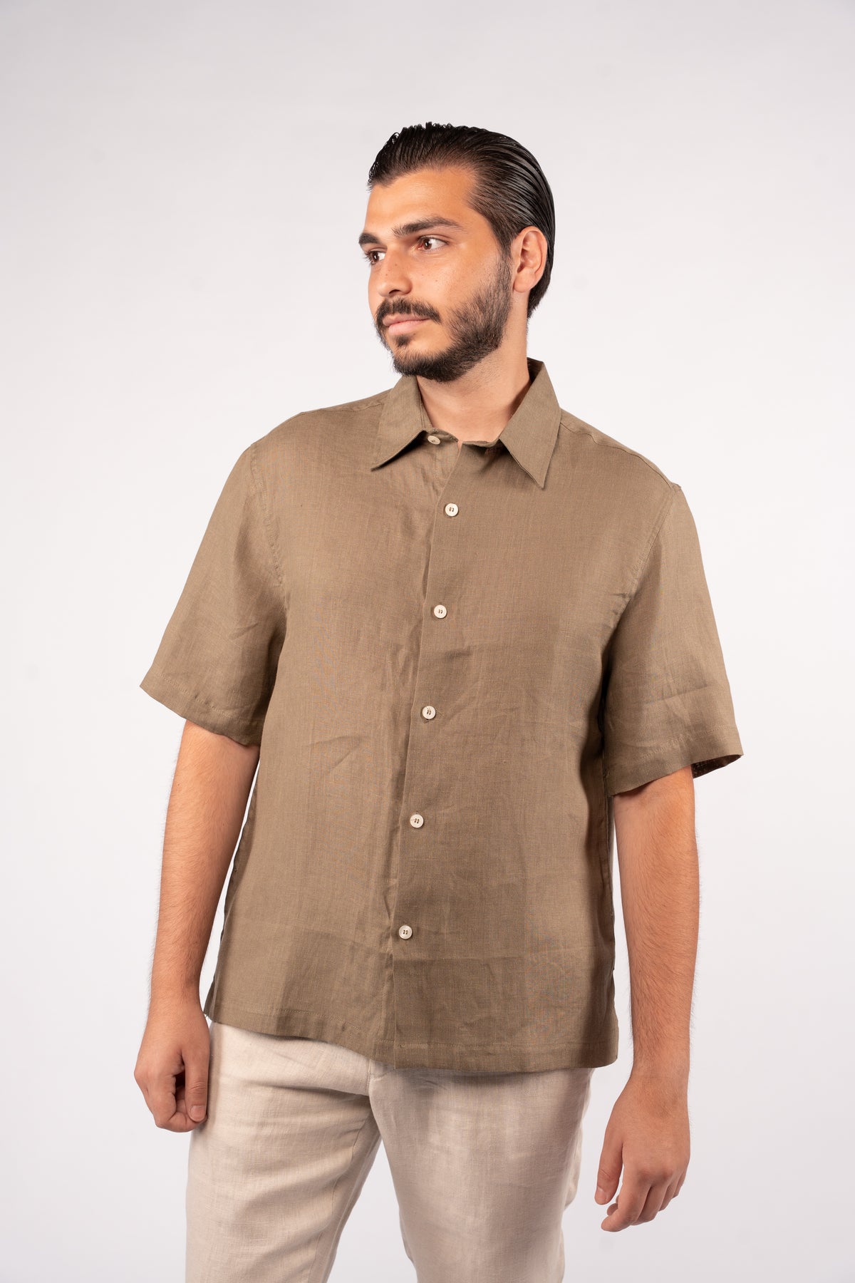 OLIVE HALF SLEEVE 100% LINEN SHIRT