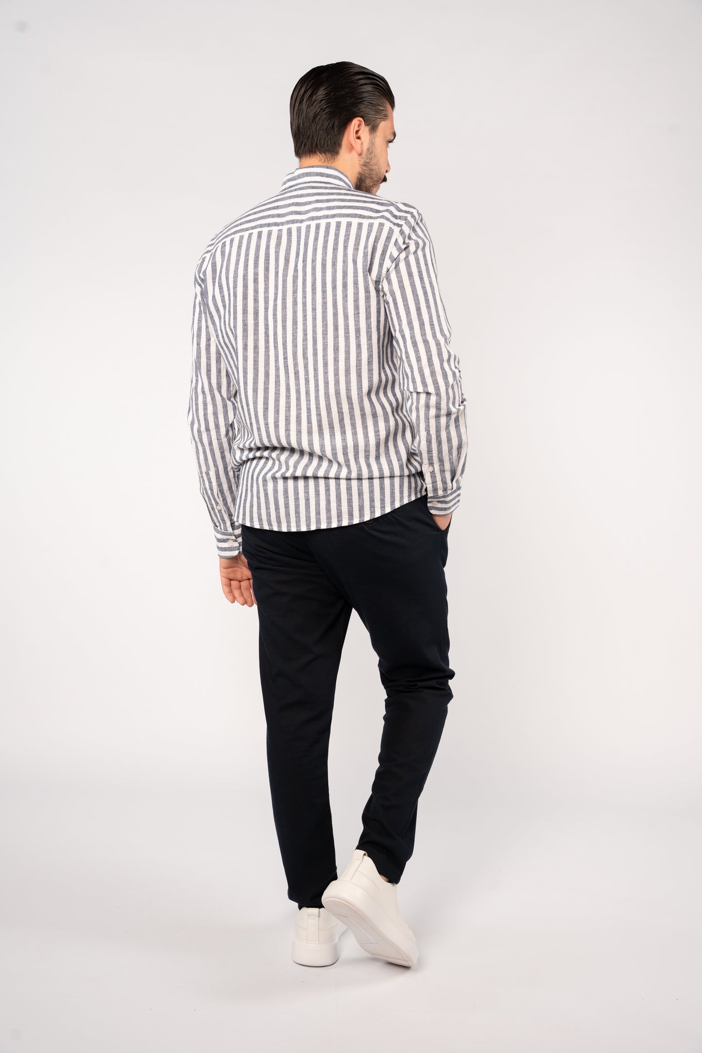 WHITE NAVY LINE LINEN SHIRT