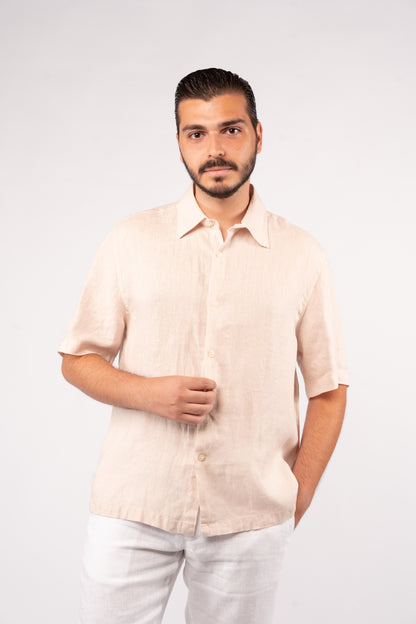 BEIGE HALF SLEEVE 100% LINEN SHIRT