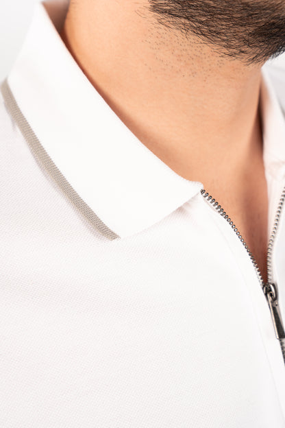 WHITE GREY LINE ZIPPER POLO