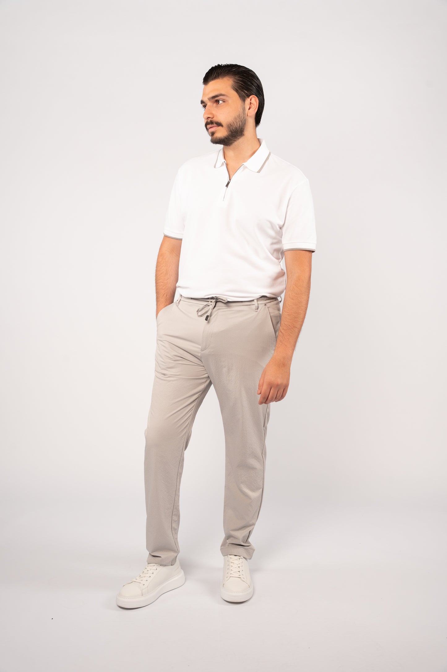 WHITE GREY LINE ZIPPER POLO