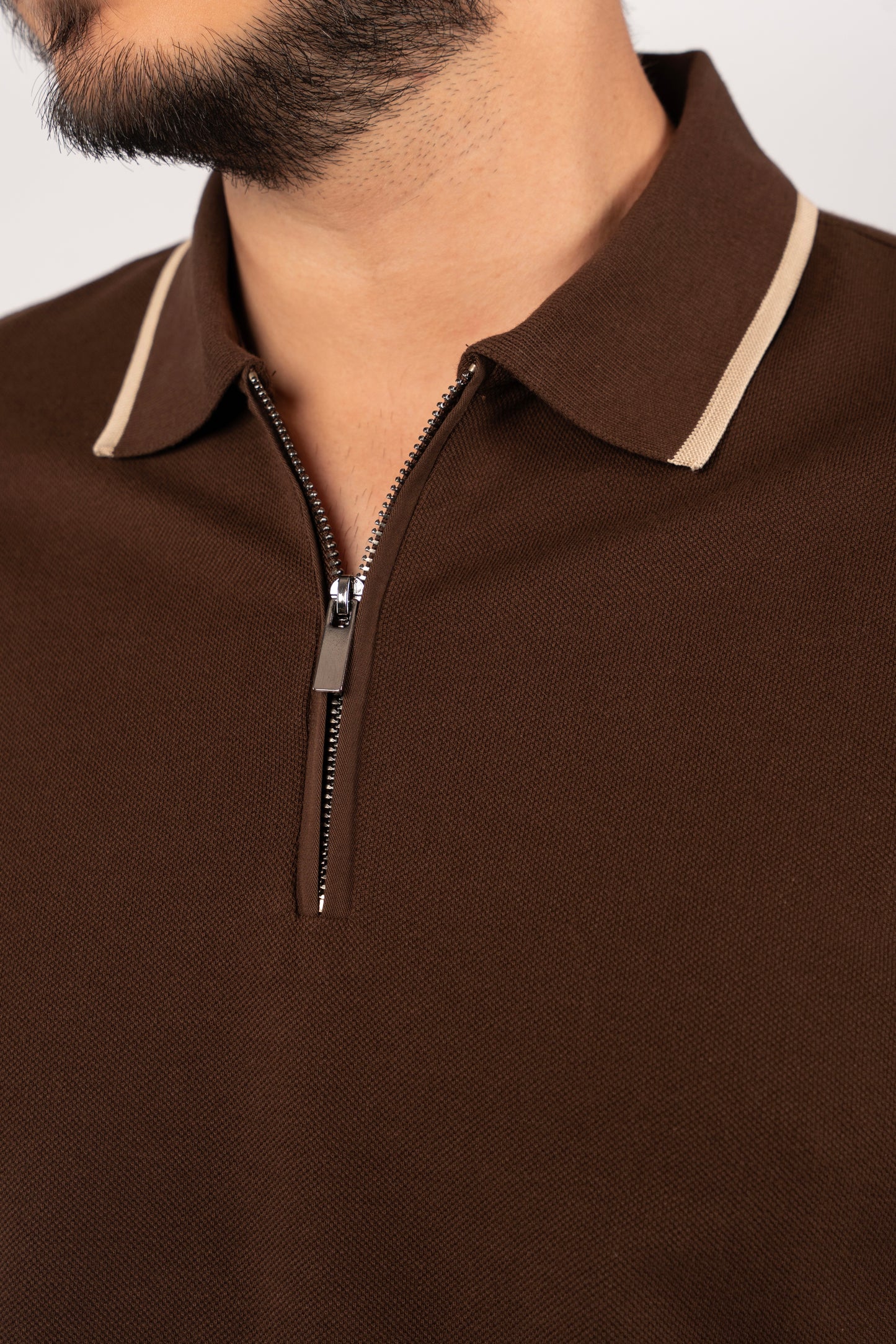 BROWN BEIGE LINE ZIPPER POLO