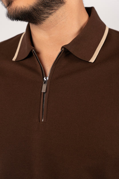 BROWN BEIGE LINE ZIPPER POLO