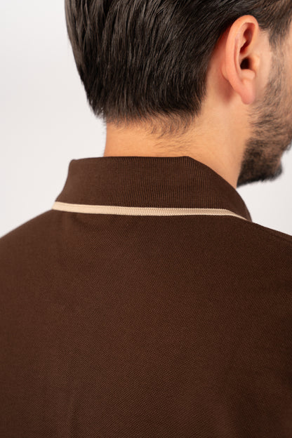 BROWN BEIGE LINE ZIPPER POLO