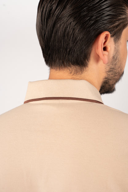 BEIGE BROWN LINE VNECK POLO