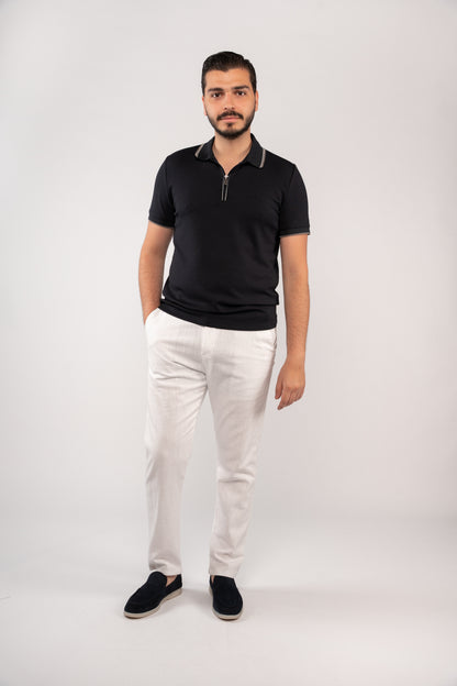 NAVY MIXED COLLAR ZIPPER POLO