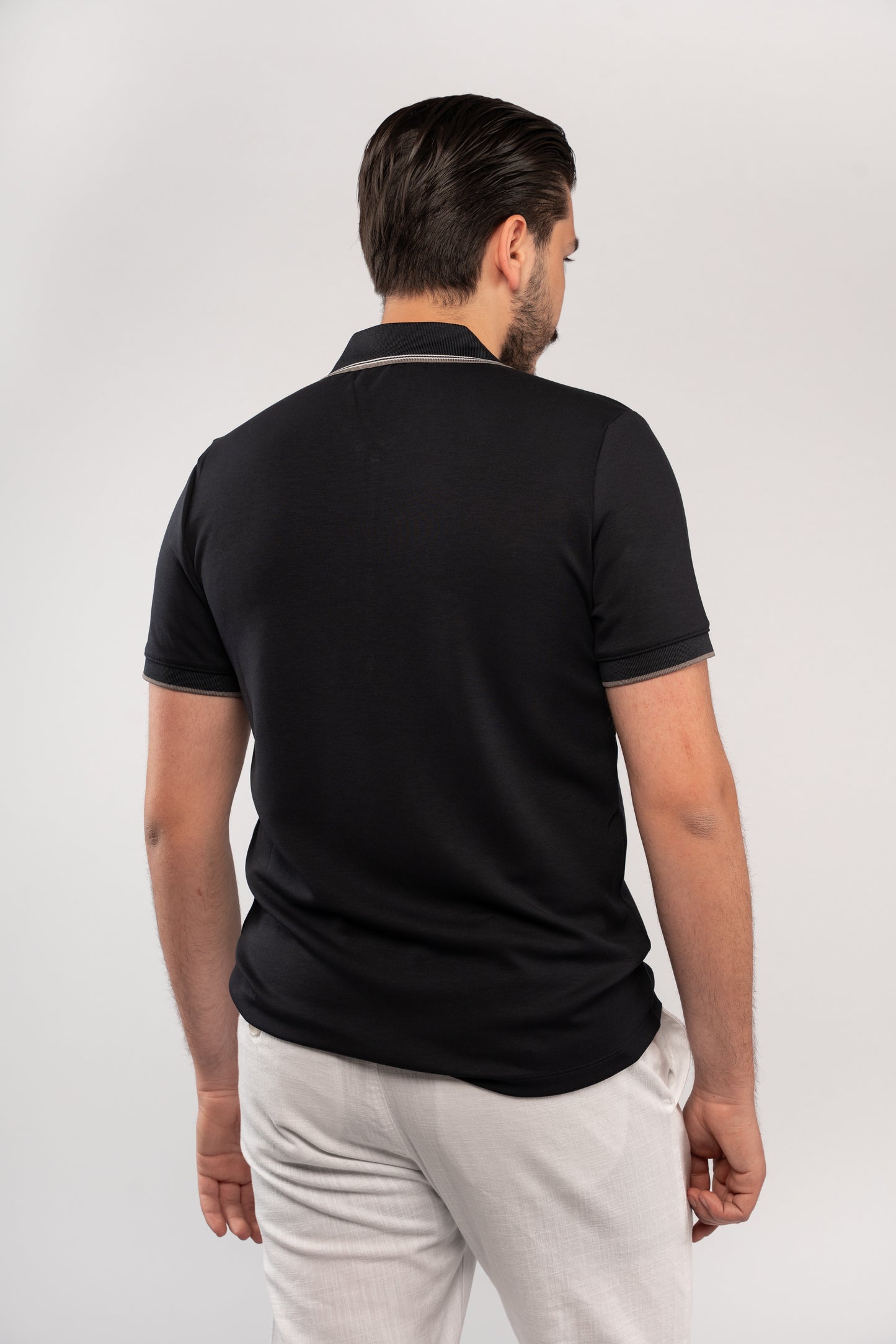 NAVY MIXED COLLAR ZIPPER POLO