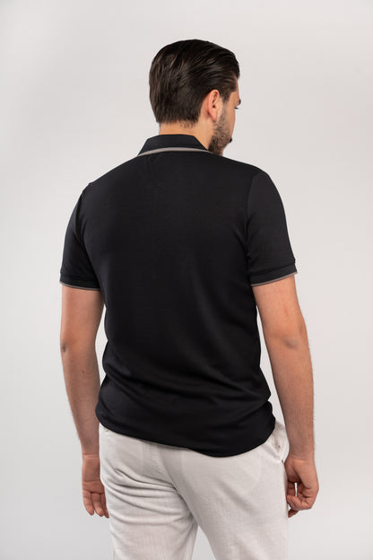 NAVY MIXED COLLAR ZIPPER POLO