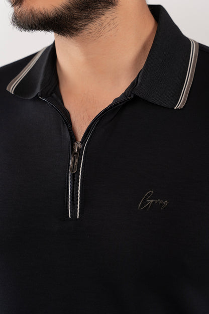 NAVY MIXED COLLAR ZIPPER POLO