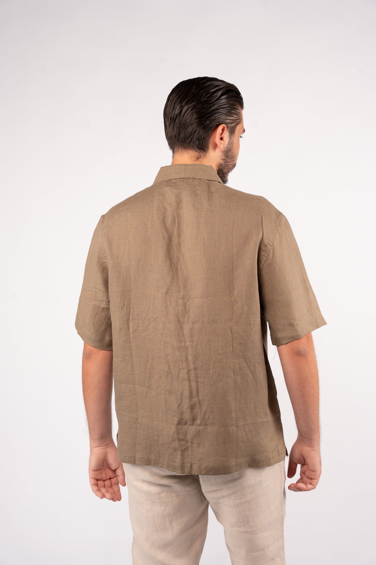 OLIVE HALF SLEEVE 100% LINEN SHIRT