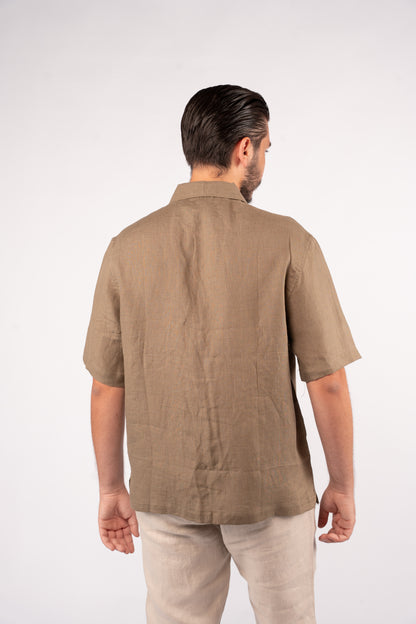 OLIVE HALF SLEEVE 100% LINEN SHIRT