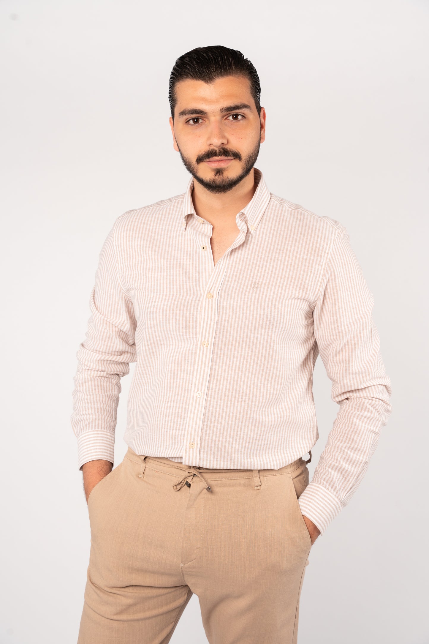 BEIGE LINED OXFORD SHIRT