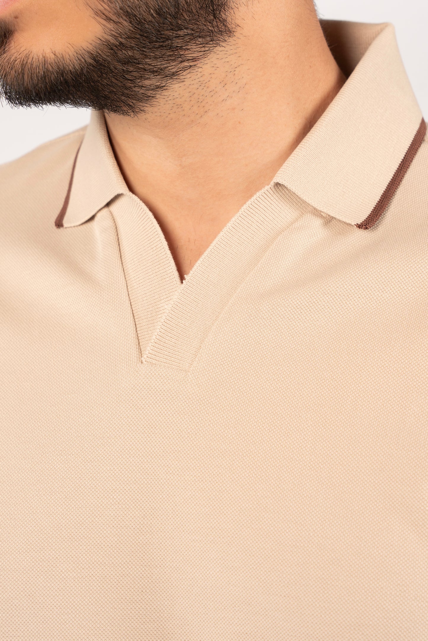 BEIGE BROWN LINE VNECK POLO