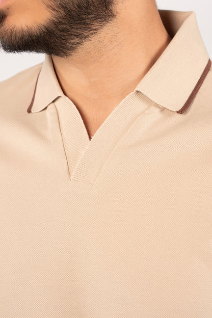 BEIGE BROWN LINE VNECK POLO