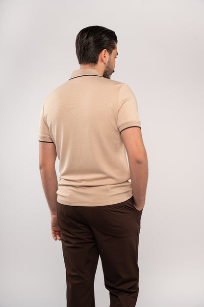 BEIGE MIXED COLLAR ZIPPER POLO