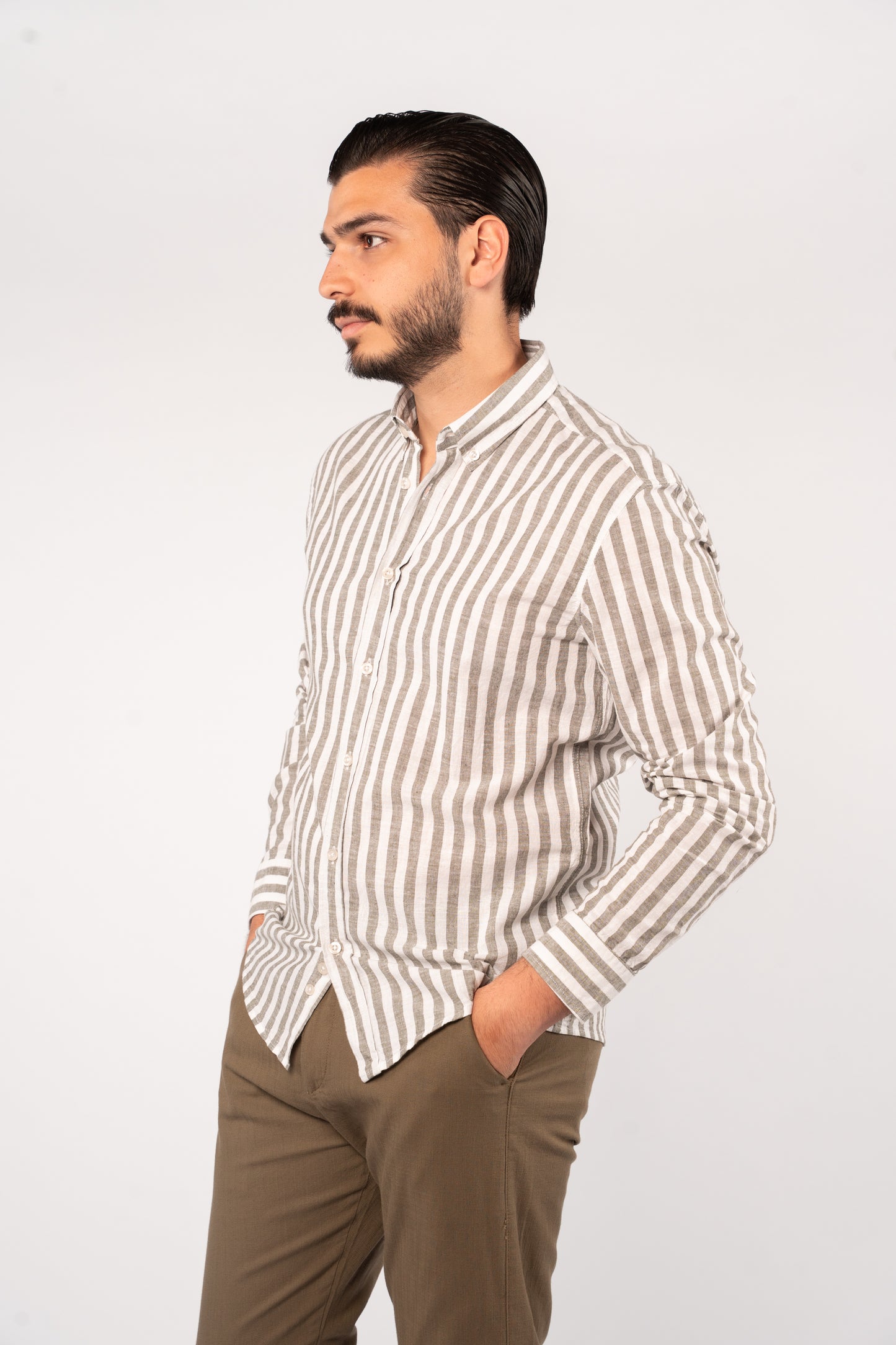 WHITE OLIVE LINE LINEN SHIRT