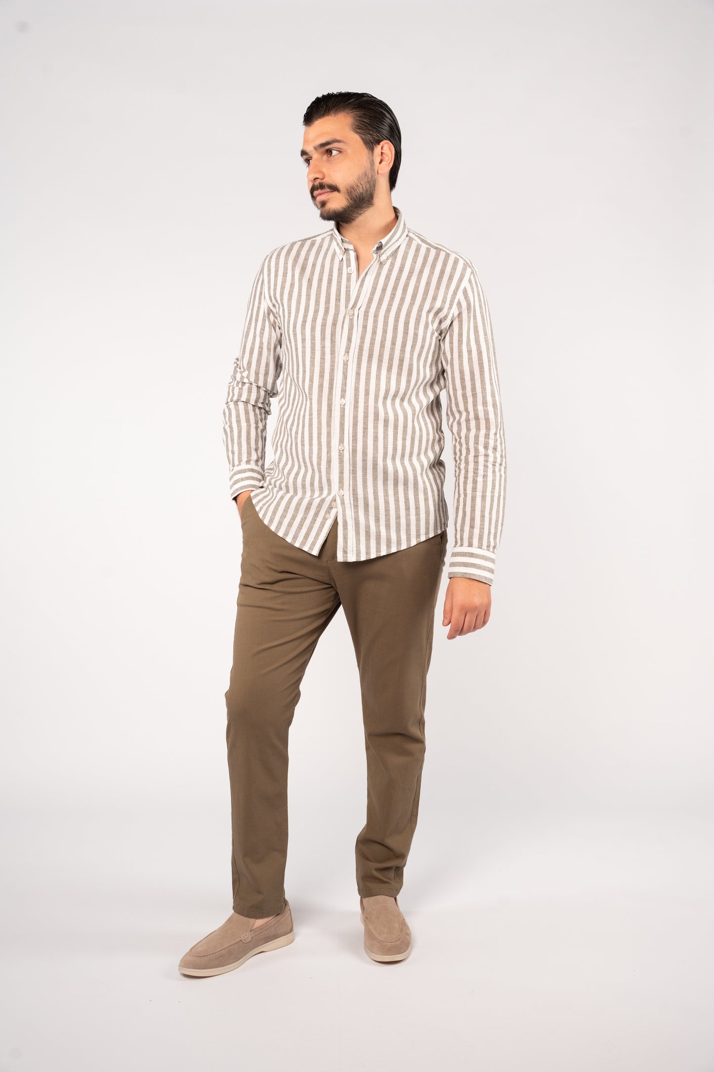 WHITE OLIVE LINE LINEN SHIRT