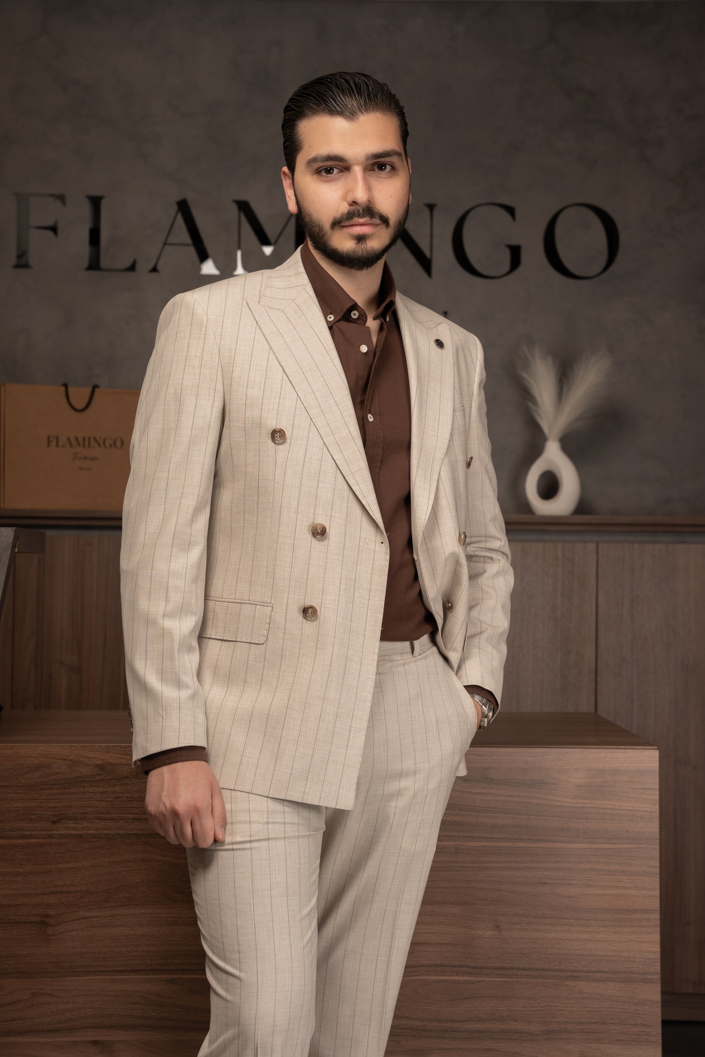 BEIGE LINED DOBETTI SUIT