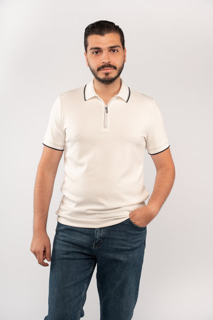 WHITE MIXED COLLAR ZIPPER POLO