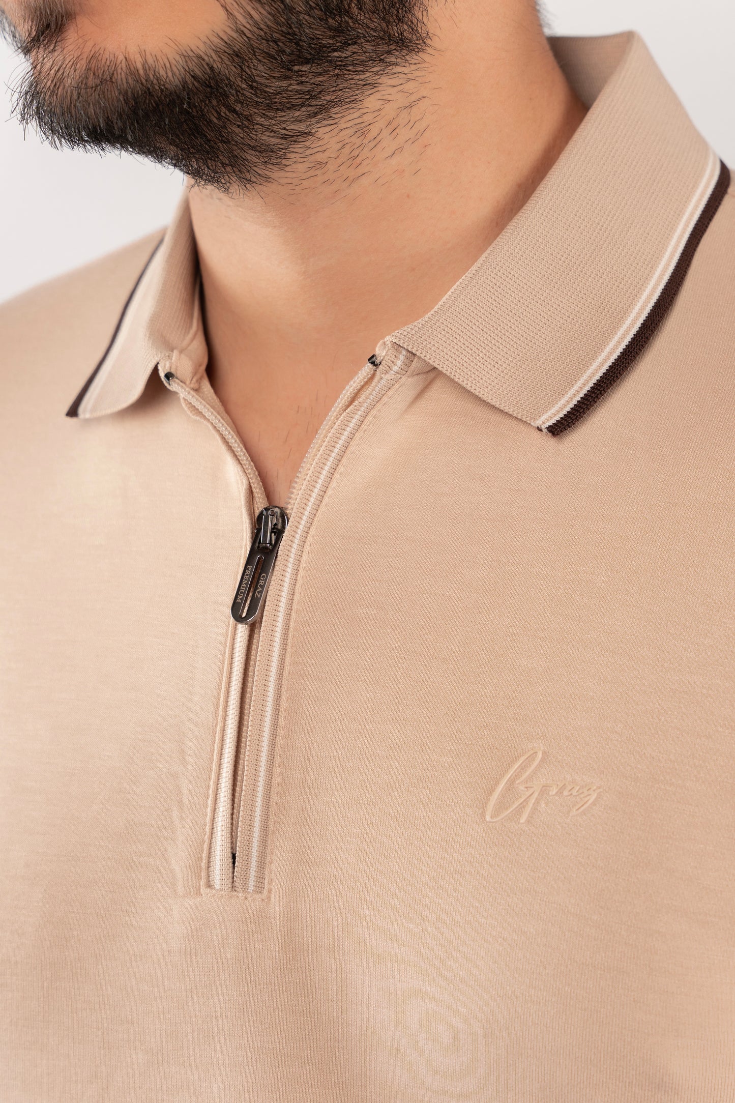 BEIGE MIXED COLLAR ZIPPER POLO