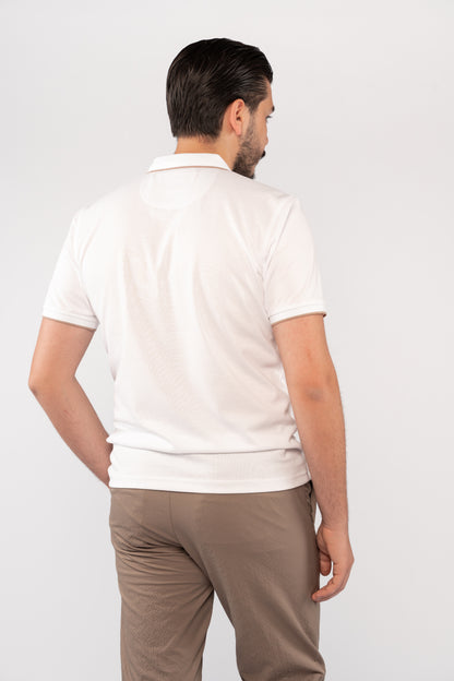 WHITE BEIGE LINE ZIPPER MERCERIZED POLO