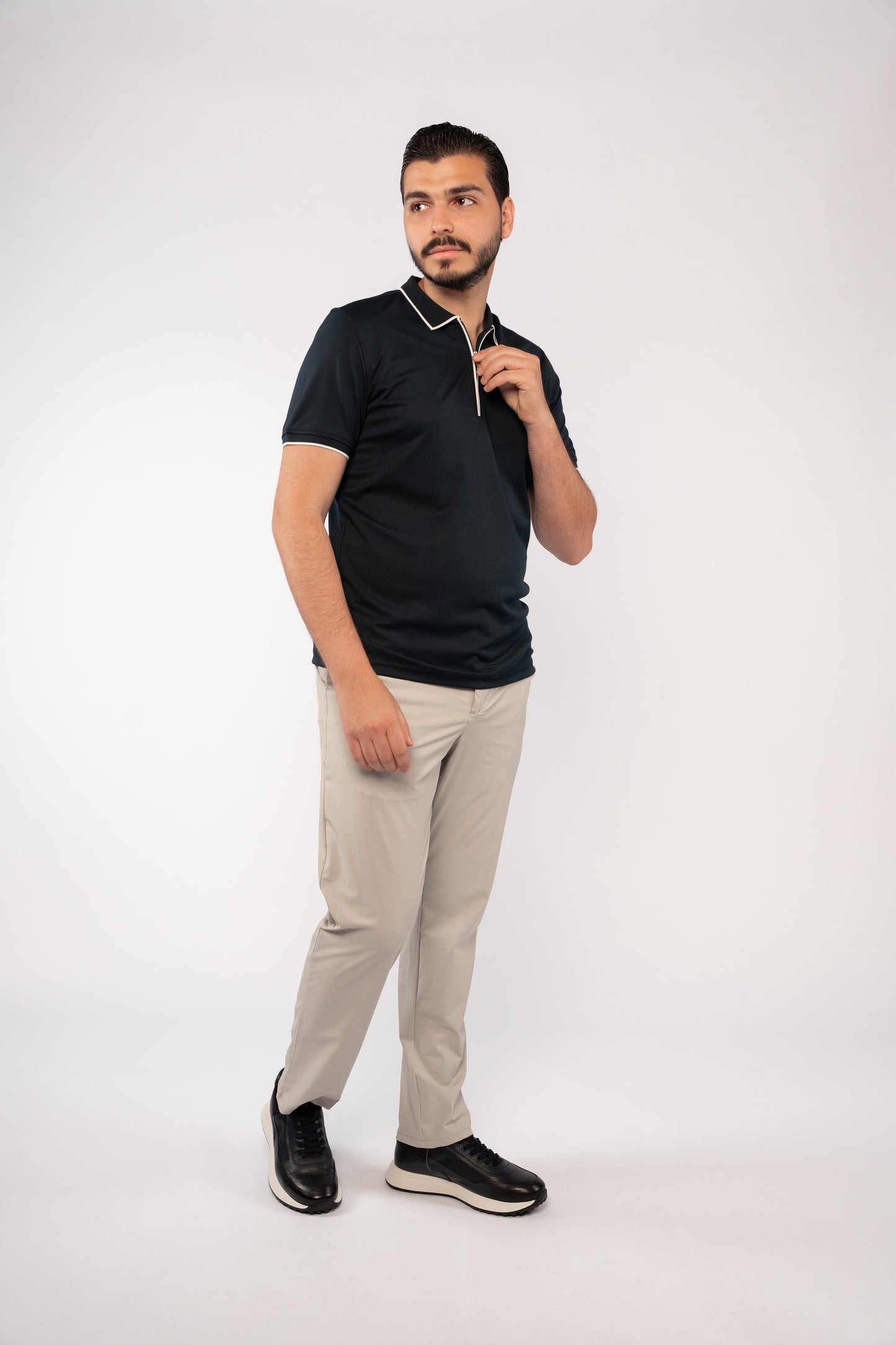 NAVY WHITE LINE ZIPPER MERCERIZED POLO