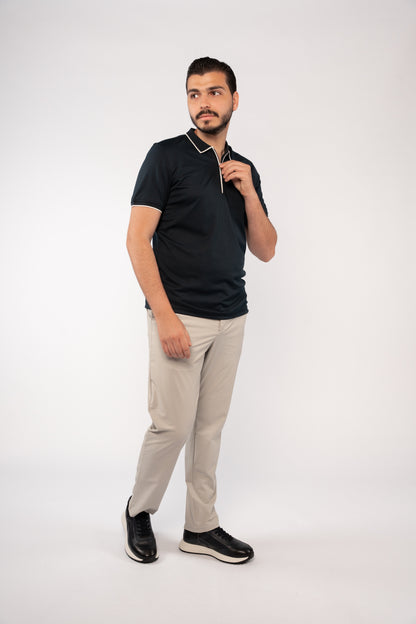 NAVY WHITE LINE ZIPPER MERCERIZED POLO