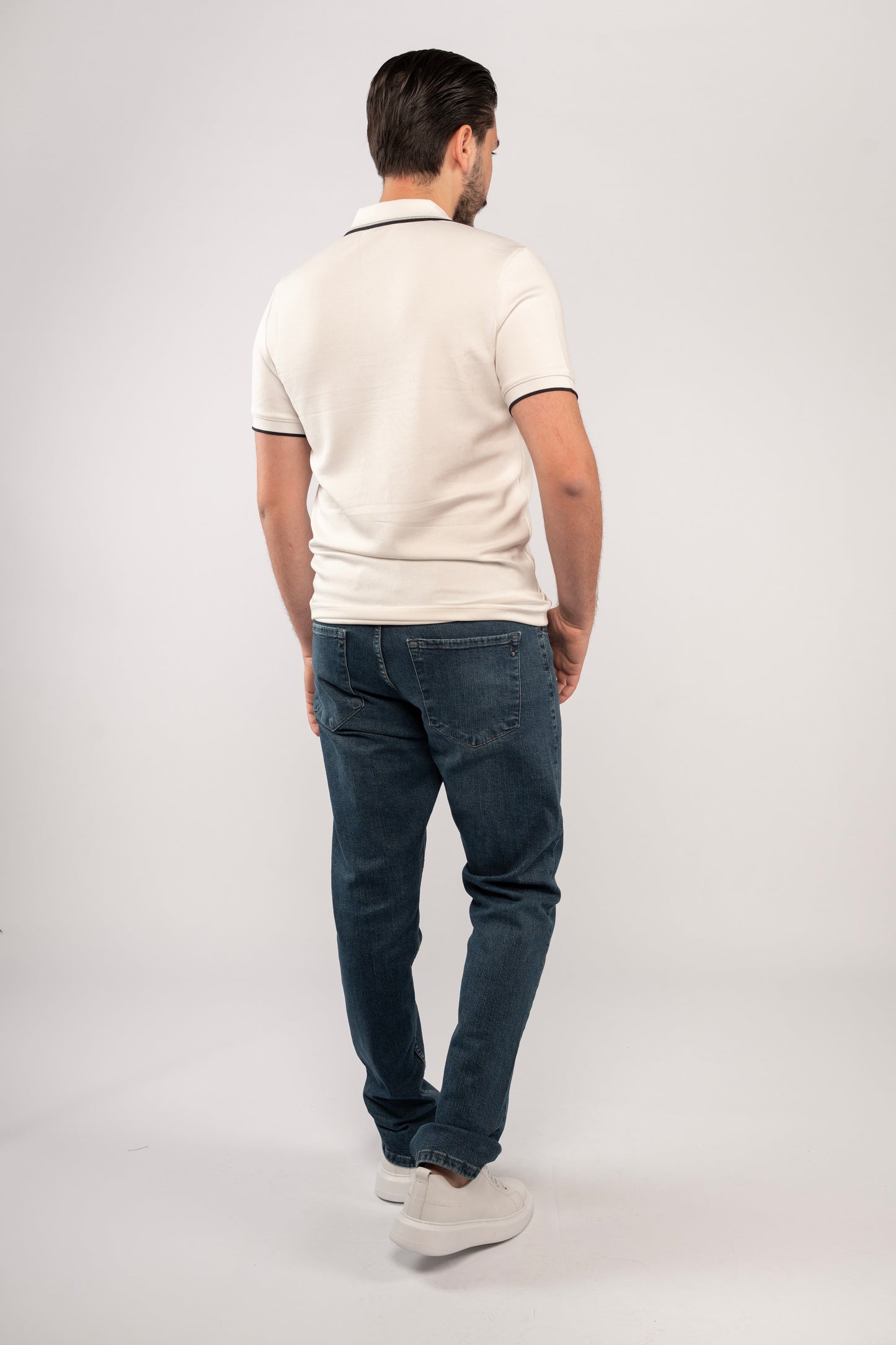 WHITE MIXED COLLAR ZIPPER POLO