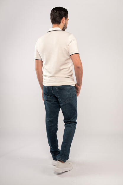 WHITE MIXED COLLAR ZIPPER POLO