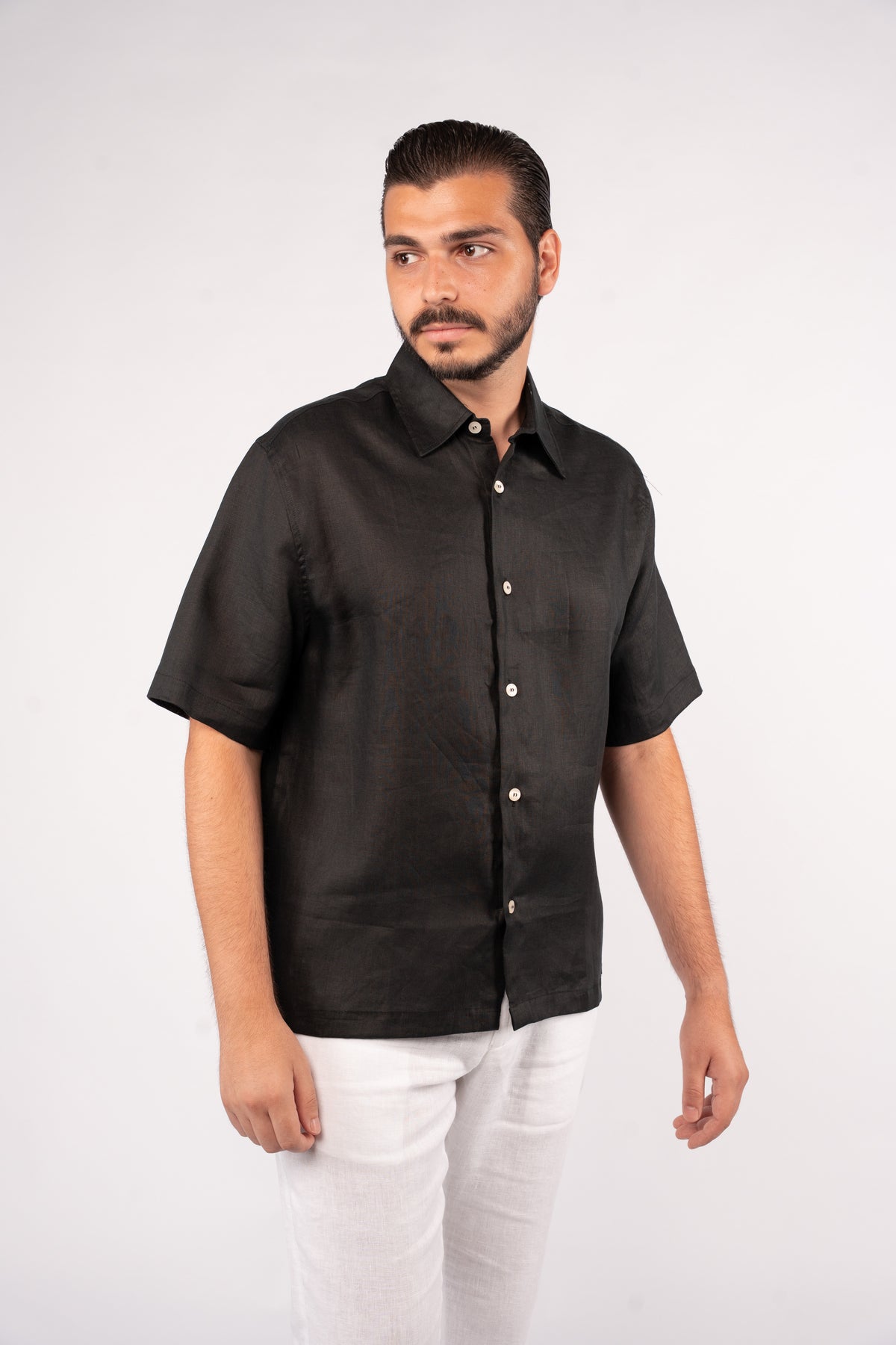 BLACK HALF SLEEVE 100% LINEN SHIRT