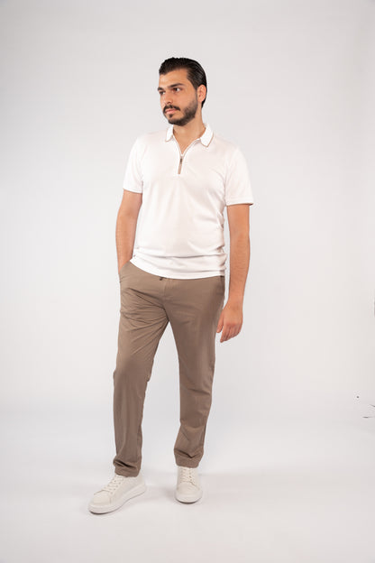 WHITE BEIGE LINE ZIPPER MERCERIZED POLO