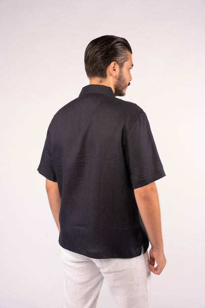 NAVY HALF SLEEVE 100% LINEN SHIRT