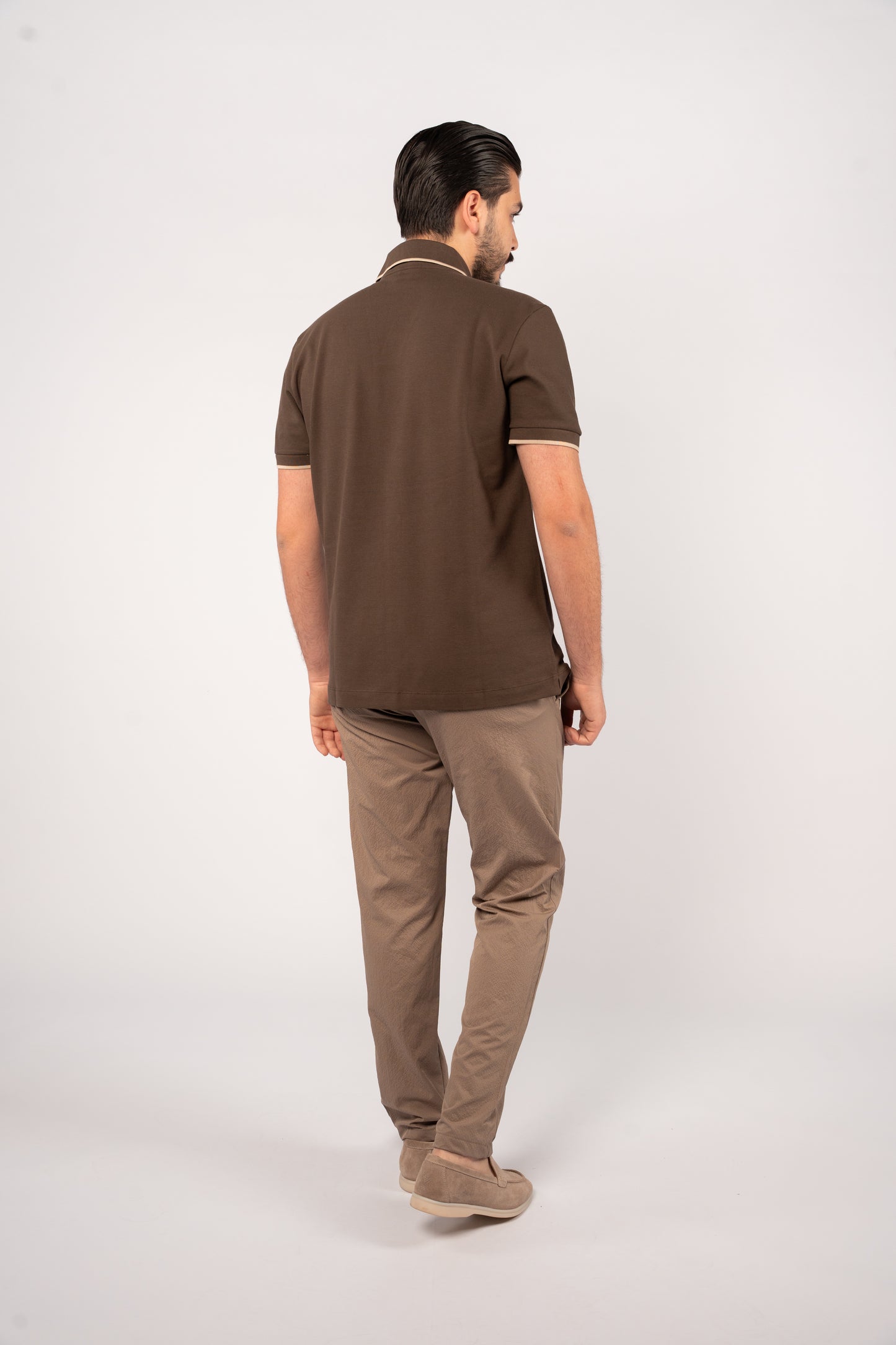 BROWN BEIGE LINE VNECK POLO