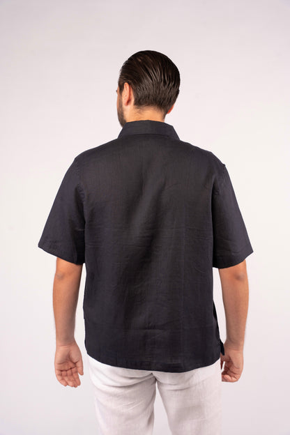 NAVY HALF SLEEVE 100% LINEN SHIRT