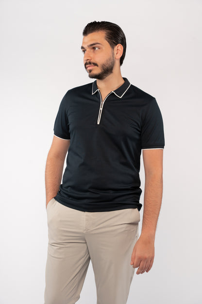 NAVY WHITE LINE ZIPPER MERCERIZED POLO